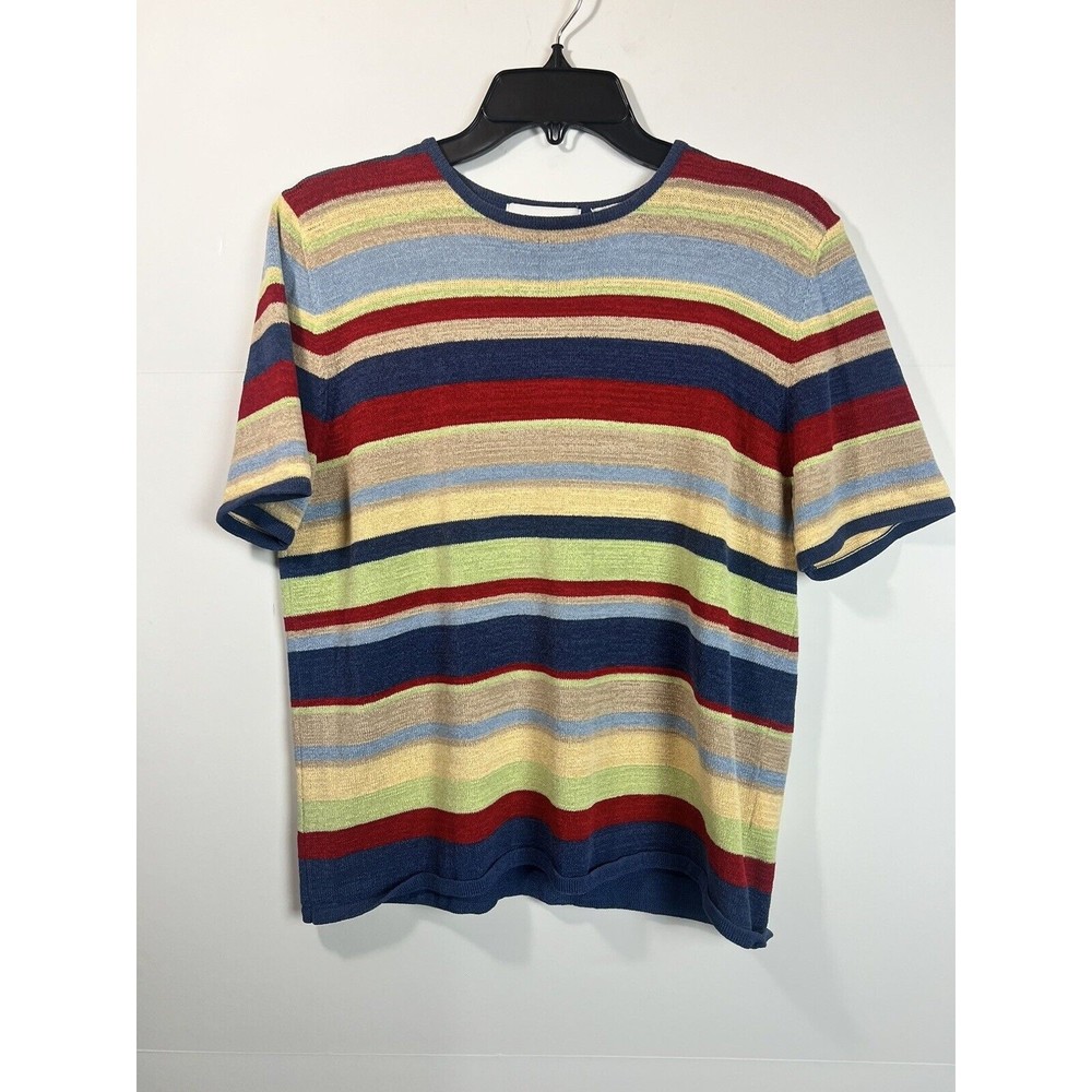 Alfred Dunner Short Sleeve Knit Top Tan Purple Green Rose Stripe Size M